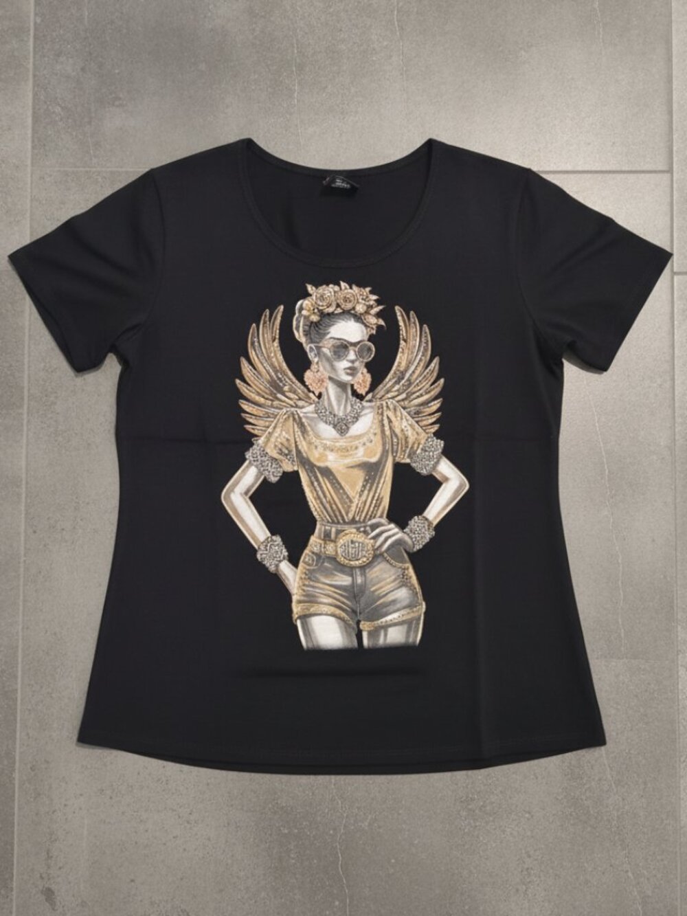 Frida Kahlo Style Angel Wings Rhinestone Gold Graphic Black T-Shirt